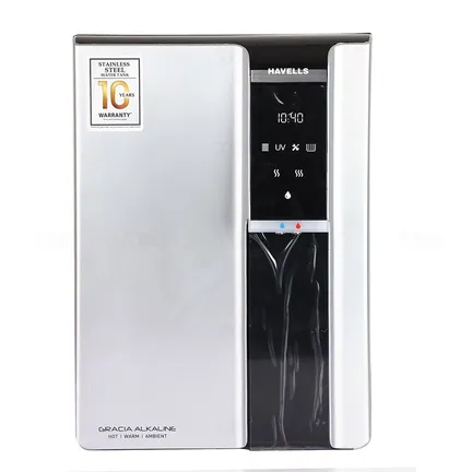 Havells Gracia Alkaline, 7.5 L, RO + UV + Alkaline + Hot, Warm & Ambient Water Purifier, Suitable for All - Borewell, Tanker, Municipality Water (Silver, Black)