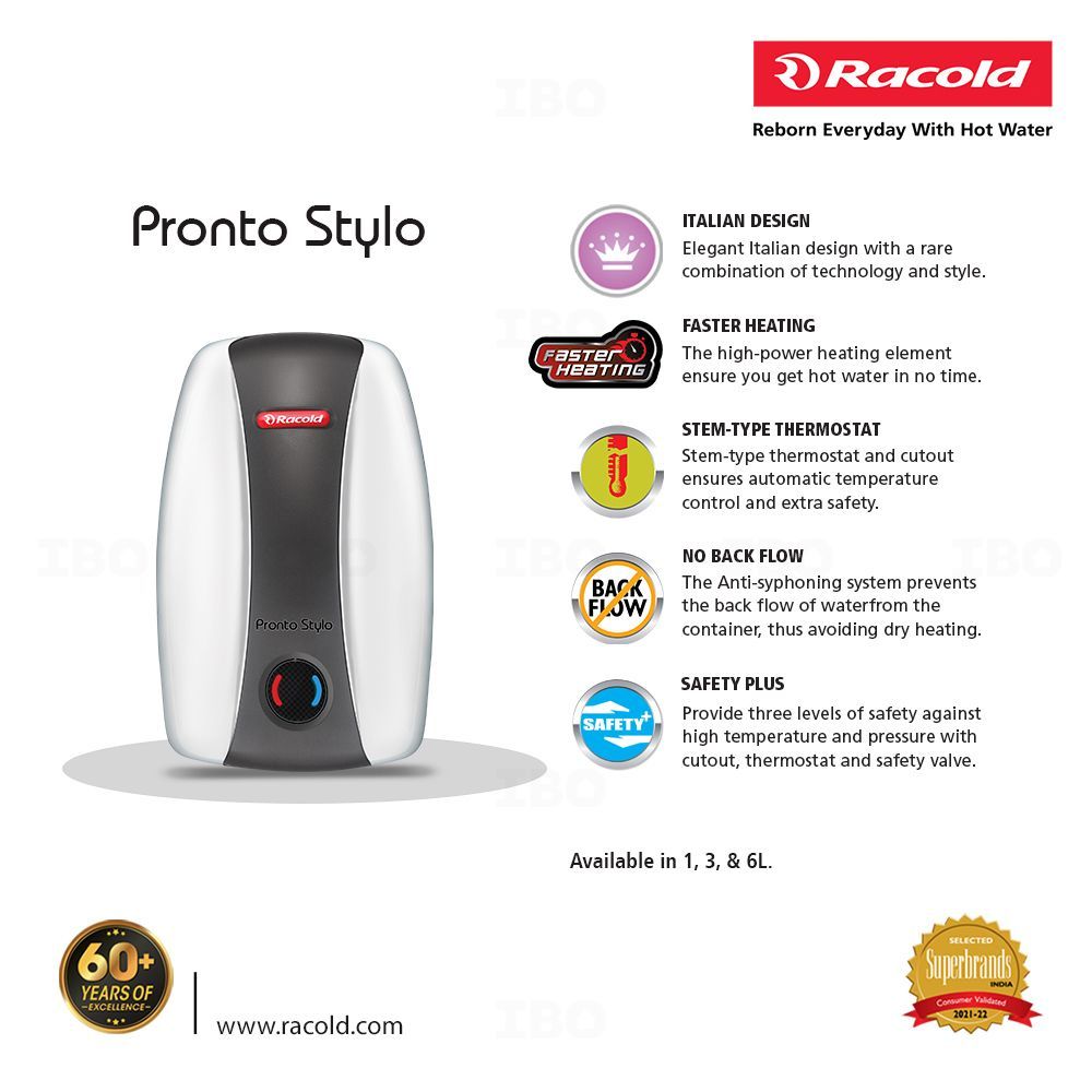 Buy Racold Pronto Stylo 3 L Vertical Instant Geyser on IBO.com u0026 Store @  Best Price. Genuine Products | Quick Delivery | Pay on Delivery