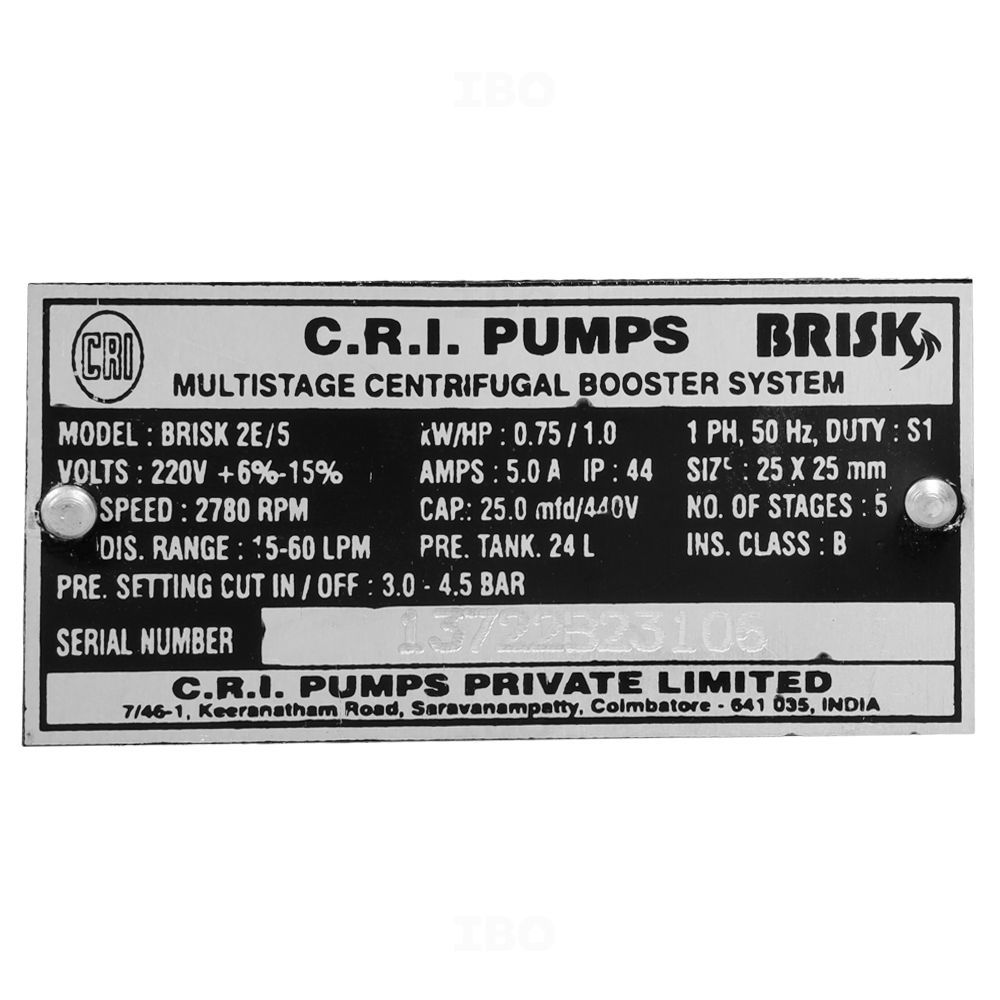 Buy CRI Brisk 20580 Single Phase 1 HP (0.74 kW) 24 L Booster Pump on   & Store @ Best Price. Genuine Products, Quick Delivery